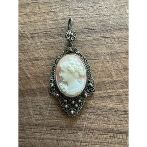 ANTIQUE 925 STERLING SILVER FILIGREE CAMEO PENDANT Stunning